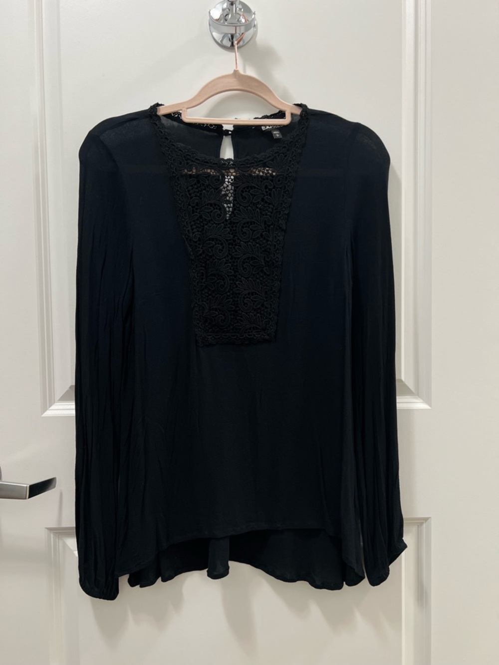 Express Womens Black Lace-Trim Long-Sleeve Blouse Size S
